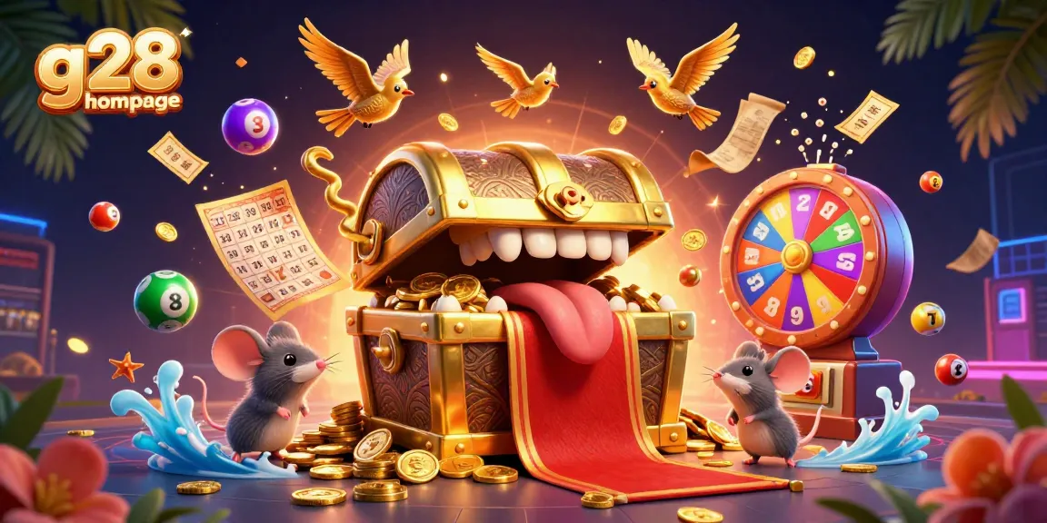 Engage with g28 homepage featuring vibrant lottery elements and a treasure chest that entices players.