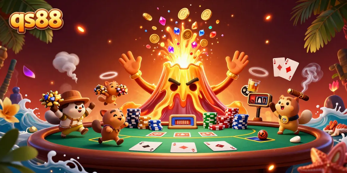 Win big with qs88 as the golden volcano erupts with treasure in a lively casino scene.