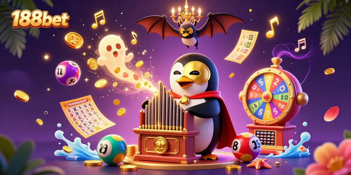 Engage with the vibrant world of 188bet through a dynamic 3D casino scene featuring a penguin and bat acrobat.