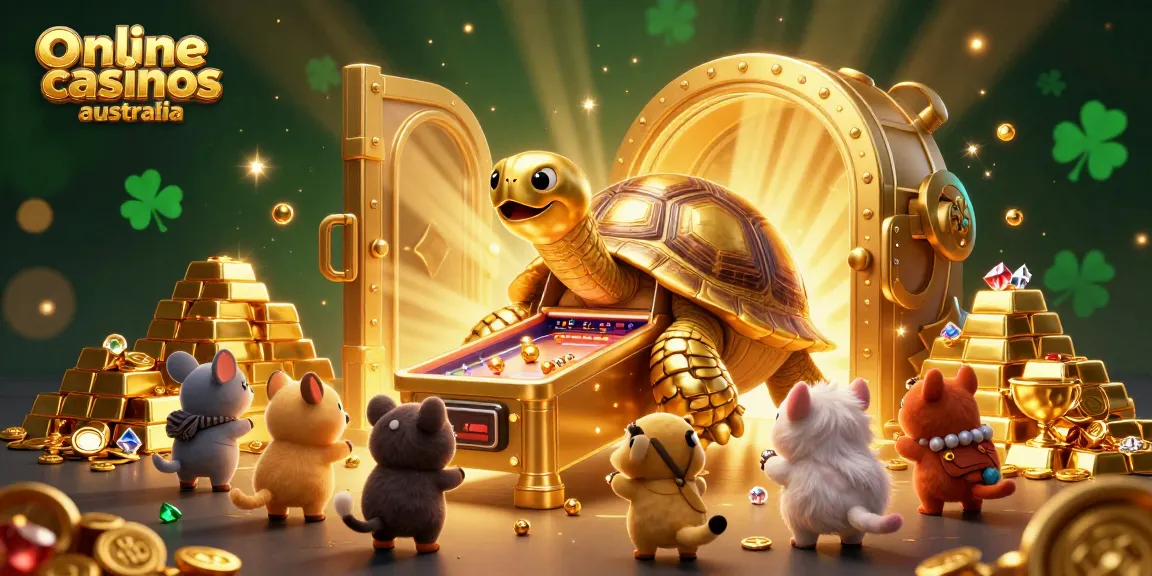 Experience online casinos Australia with a captivating 3D casino illustration featuring vibrant characters and rich treasures.