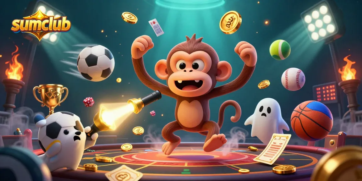 Sumclub showcases a playful poltergeist monkey and curious puppy dynamically interacting in a haunted casino scene.