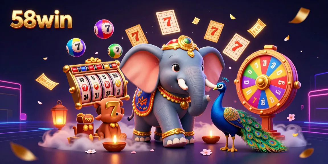 Experience thrilling excitement with 58win's vibrant slots and dynamic jackpot elements in a captivating illustration.