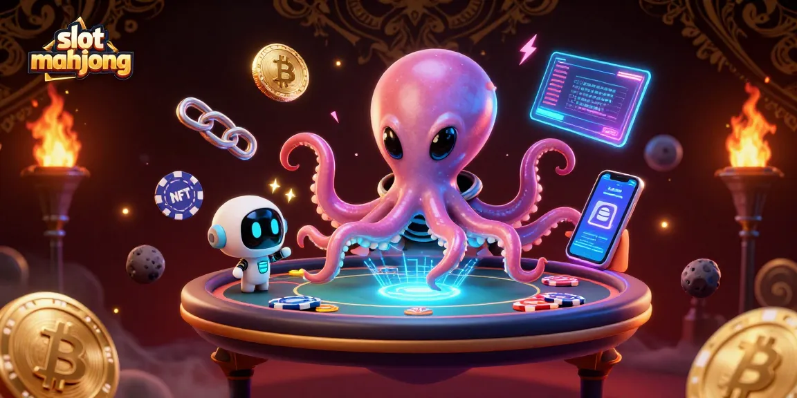 Experience thrilling slot mahjong action with an alien octopus at a holographic poker table amid glowing cryptocurrency.