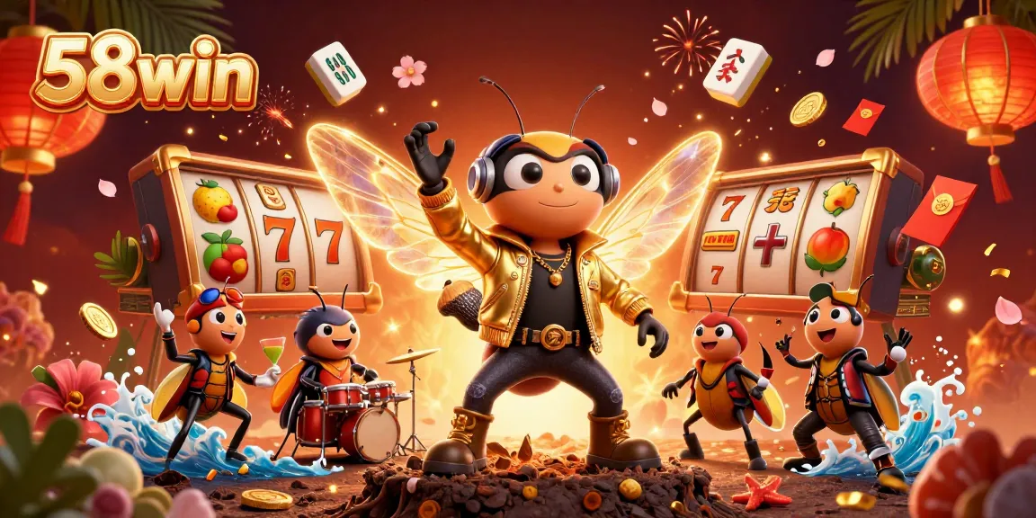 Engage and play with 58win in this vibrant 3D casino illustration featuring dynamic gaming elements.