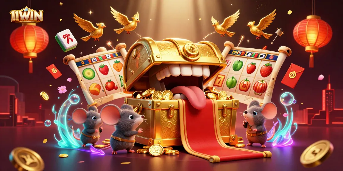 Engage with 11WIN's vibrant 3D casino treasure scene featuring slot reels and dynamic game elements.