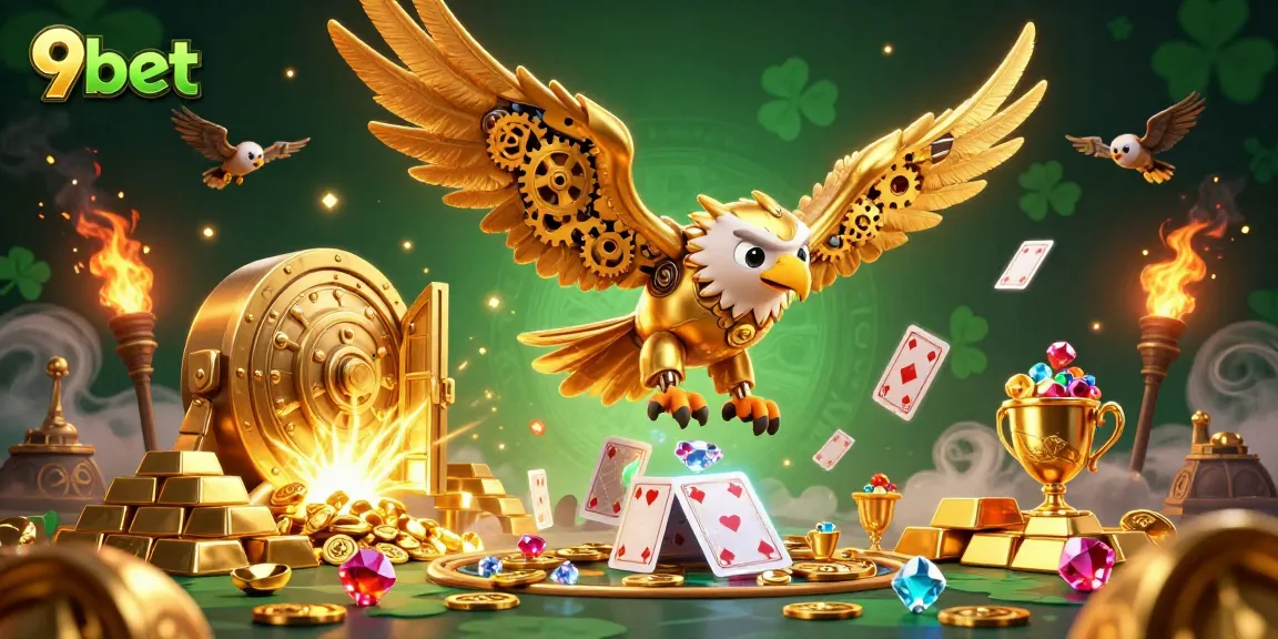 Join the action at 9bet with dynamic golden eagle diving through holographic cards in a vibrant scene.