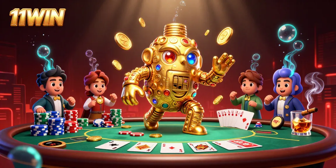 Engage with 11WIN's vibrant casino scene featuring dazzling poker elements and a golden golem.