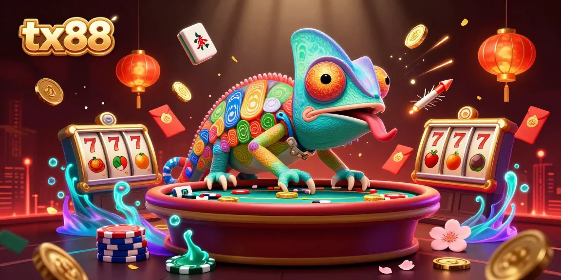 Engage with dynamic tx88 gaming, featuring a vibrant chameleon casino king and exciting slot elements.