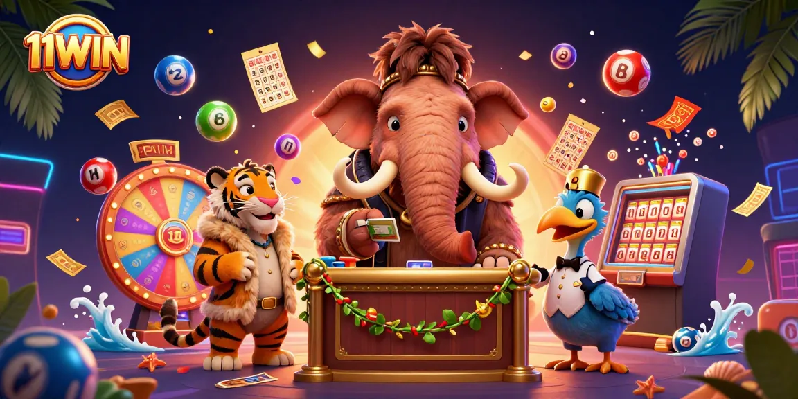 Engage with vibrant games at 11WIN's casino, featuring a woolly mammoth bouncer and dynamic lottery elements.