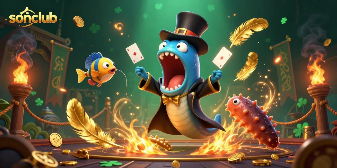 Join the fun at sonclub as a bioluminescent eel performs thrilling card tricks in a captivating casino scene.