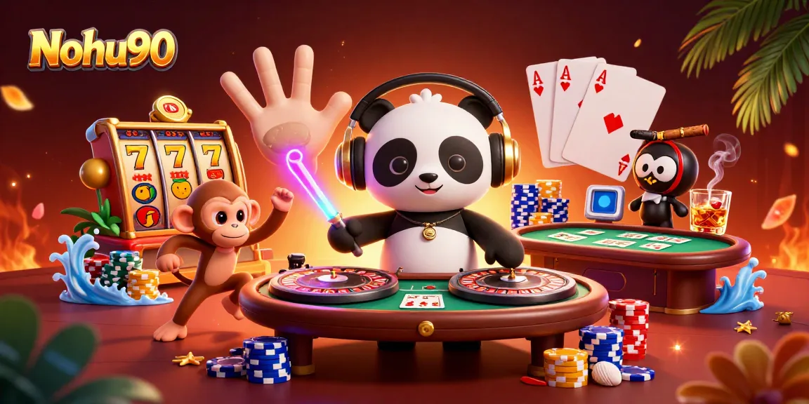Nohu90 showcases an exciting casino scene with vibrant characters, slot reels, and poker elements.