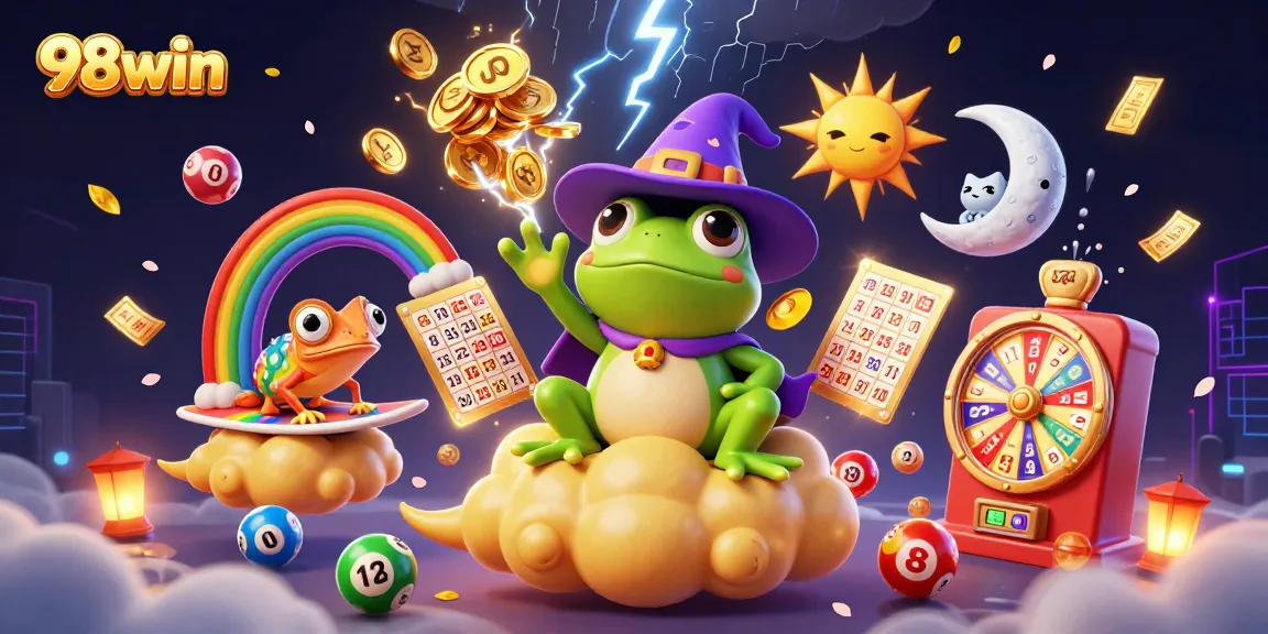 Experience excitement at 98win with a vibrant scene of golden coins, lottery elements, and friendly characters.