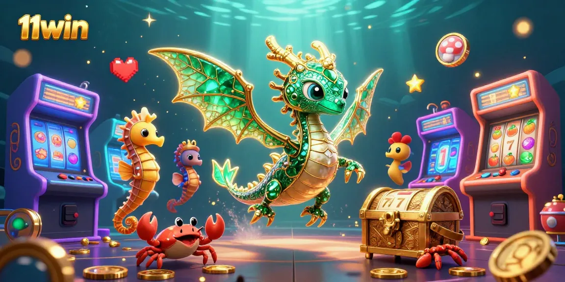 Engage with the excitement of 11WIN through an vibrant underwater casino adventure illustration.