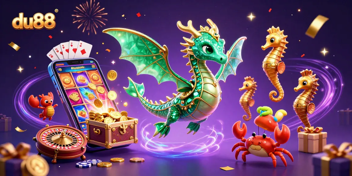 Engage with du88's dazzling casino scene featuring a sea dragon, vibrant slot game, and treasure-filled crabs.