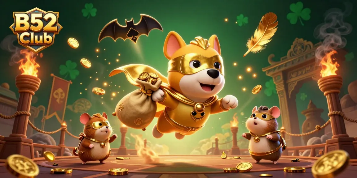 B52 Club brings excitement with a superhero dog and hamster amidst dazzling casino visuals.