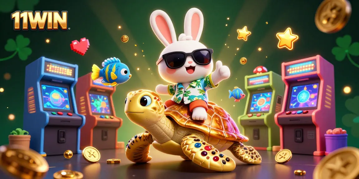 Experience excitement at 11WIN with a lively cartoon rabbit and turtle in this vibrant casino scene.