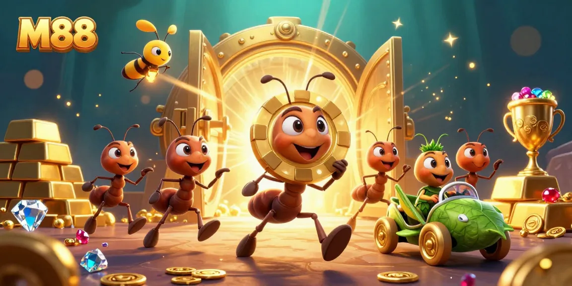 M88 ants carry a giant poker chip in a dynamic casino heist illustration full of treasures.