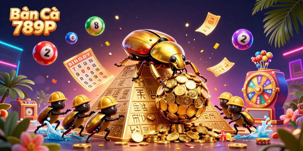 Bắn Cá 789P features an exciting scene with golden beetles rolling coins and colorful lottery balls bouncing.