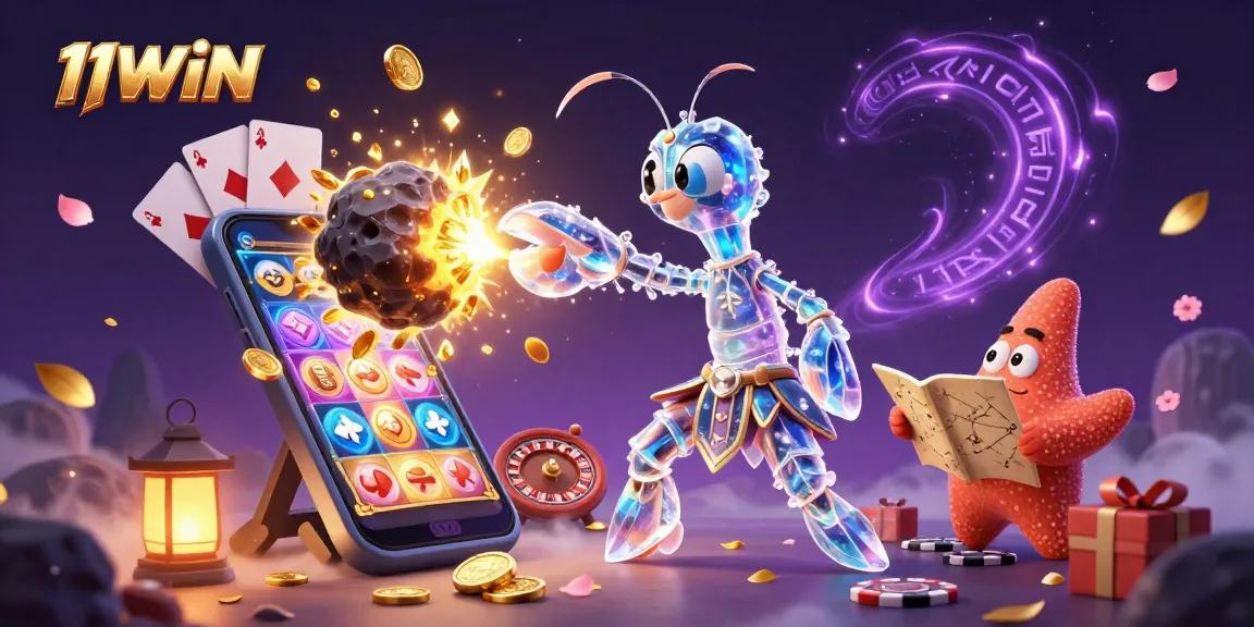 Experience the thrilling action of 11WIN with a vibrant 3D illustration of a galactic battle scene featuring a mantis shrimp.