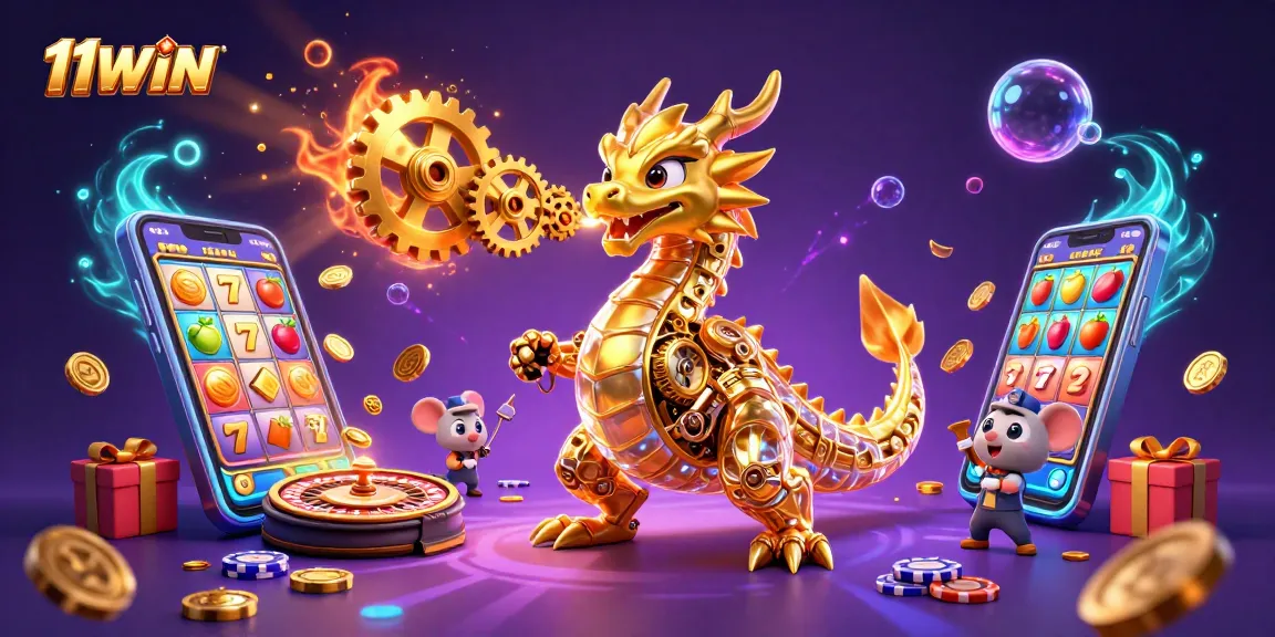 Experience the thrilling action of 11WIN with a vibrant dragon and casino elements bursting into view.