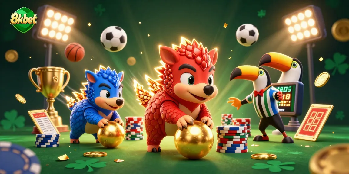 Engaging gambling action showing 8xbet pangolins playing amidst dynamic sports elements and golden coins.