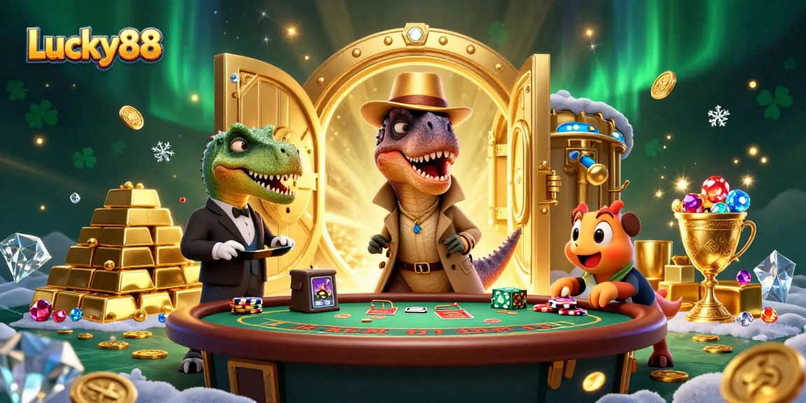 Lucky88 velociraptor card counter at blackjack table surrounded by treasure and gems in a vibrant casino scene.