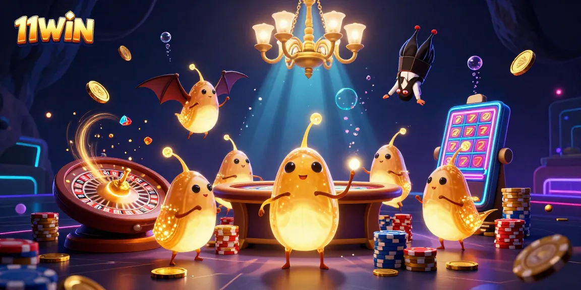 Experience the vibrant action at 11WIN Casino with glowing glowworms lighting the game tables.