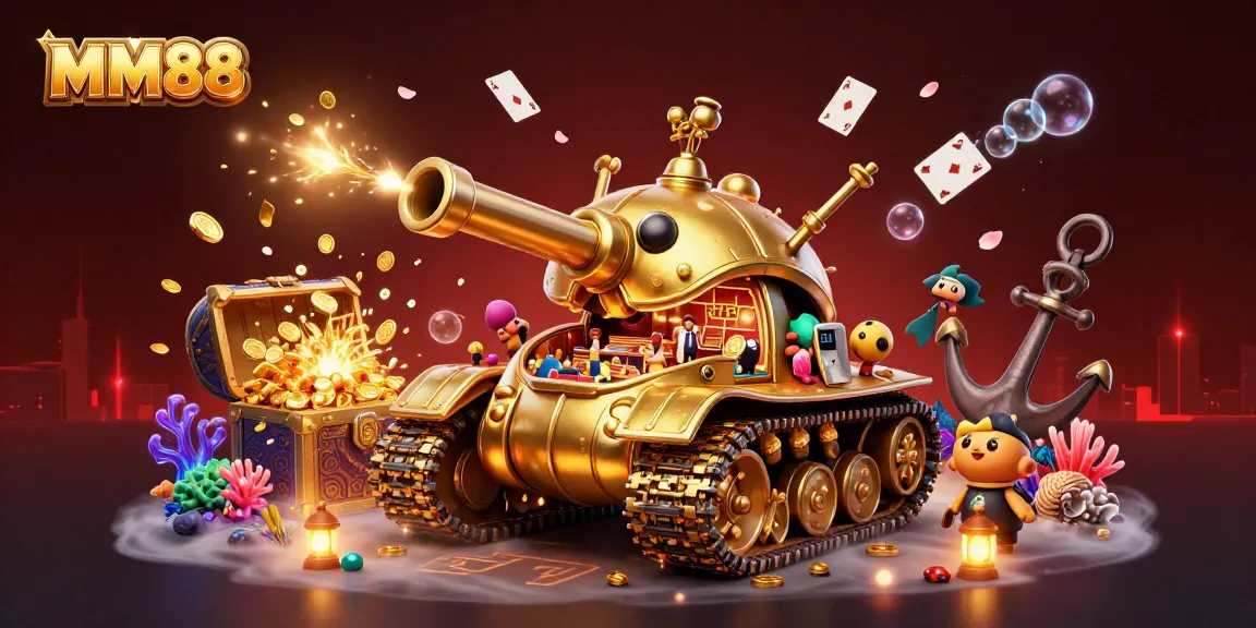 Experience the charm of MM88 with a vibrant 3D illustration of a golden beetle casino tank amidst underwater treasures.