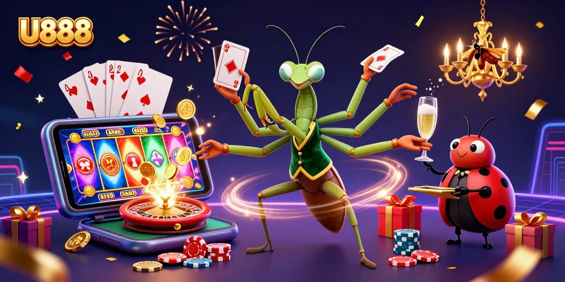 Experience the excitement of U888 with a dynamic casino scene featuring a mantis dealer, ladybug pit boss, and vibrant gambling elements.