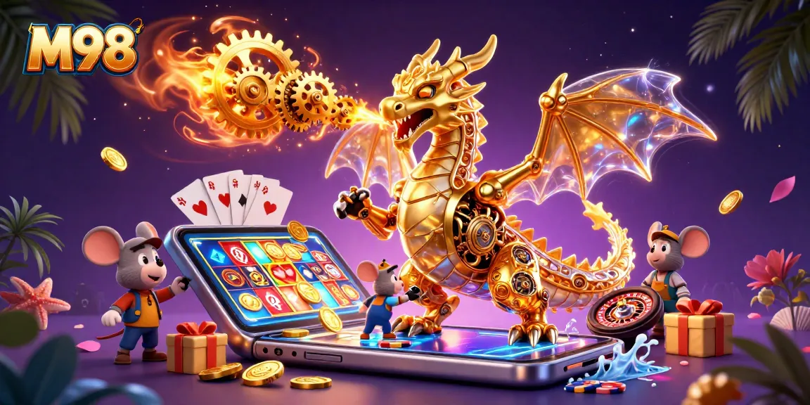 M98 brings thrilling gaming adventures with a golden dragon blowing gears amidst vibrant slot elements.