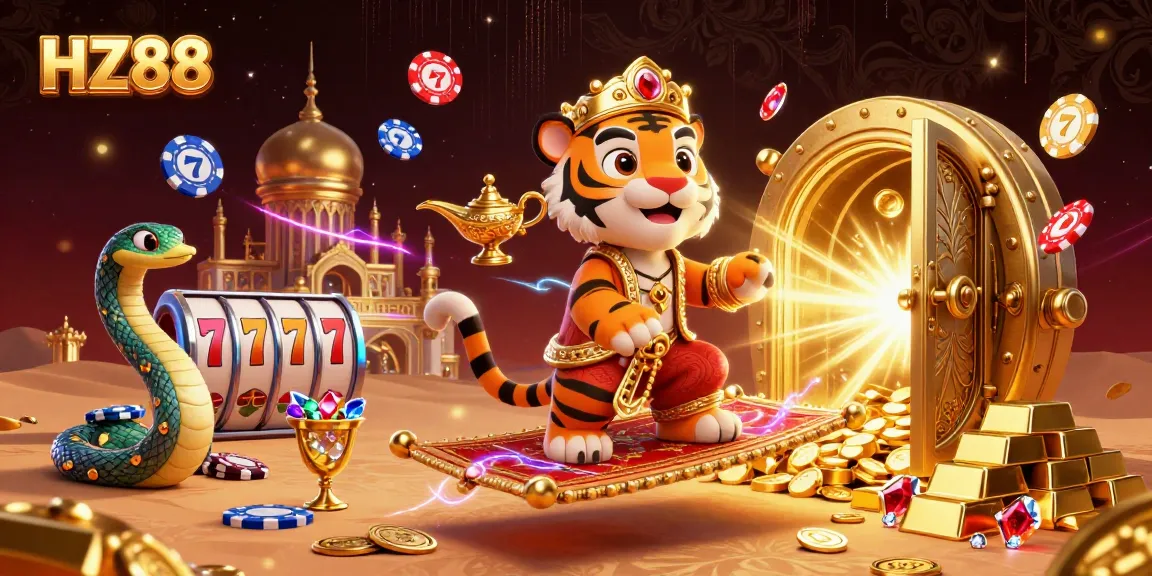 Experience thrilling luck at HZ88 with the magical tiger sultan on a flying carpet surrounded by casino treasures.
