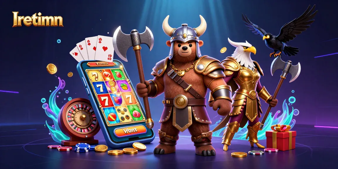 Iretimn Viking berserker bear and Valkyrie eagle battling amidst vibrant casino elements in dynamic 3D illustration.