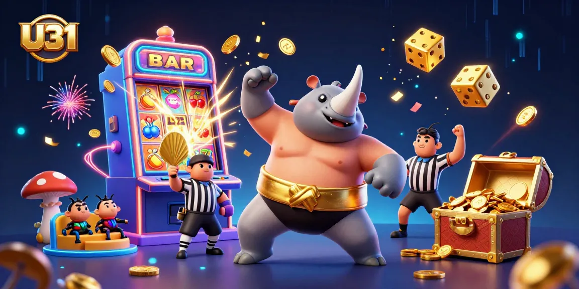 U31 casino illustration depicting a beetle sumo champion winning a jackpot with vibrant casino elements.