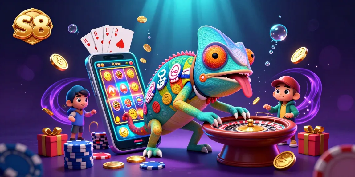 S8 chameleon casino owner collects golden coins amidst vibrant slot graphics and casino elements.