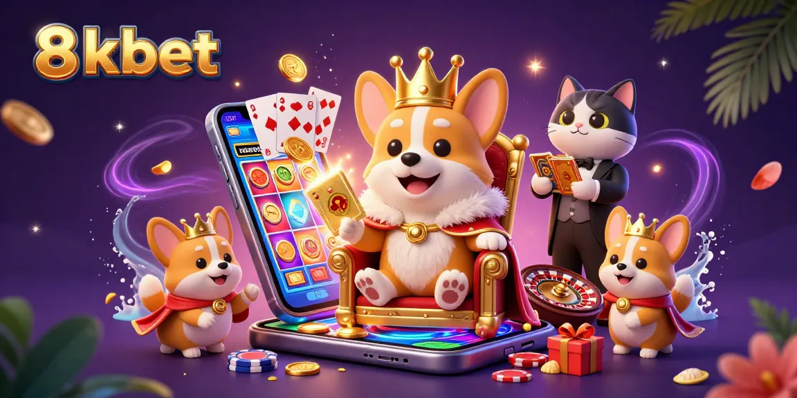 Experience the thrill at 8xbet with a vibrant 3D illustration of playful corgis, poker chips, and exciting casino elements.