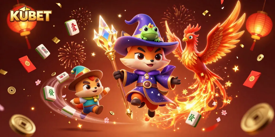KUBET's magical scene with a wizard fox and phoenix, showcasing vibrant casino elements.