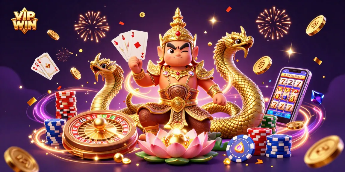 Experience VIPWIN's excitement with a vibrant scene of gaming action featuring guards, coins, and shimmering cards.