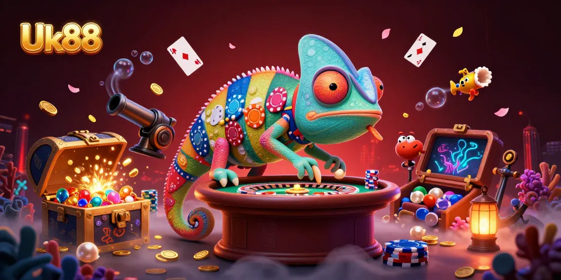 Engage with exciting gameplay at Uk88, featuring colorful chameleon and treasure elements.