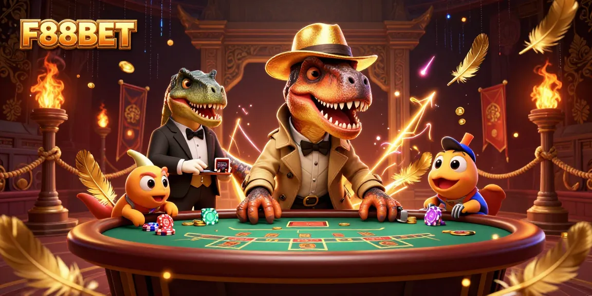 Join the F88BET velociraptor at a blackjack table as he sneaks chips under the watchful eye of a stegosaurus pit boss.
