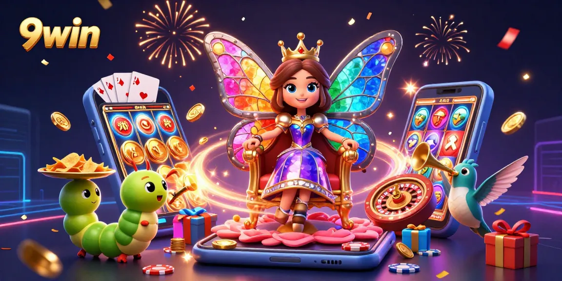 Engage with vibrant 9win gaming experience featuring the butterfly queen amidst slots and festive details.