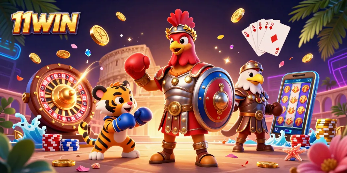 Engage players with 11WIN's vibrant casino adventure featuring a gladiator rooster, sparring tiger cub, and dynamic game elements.