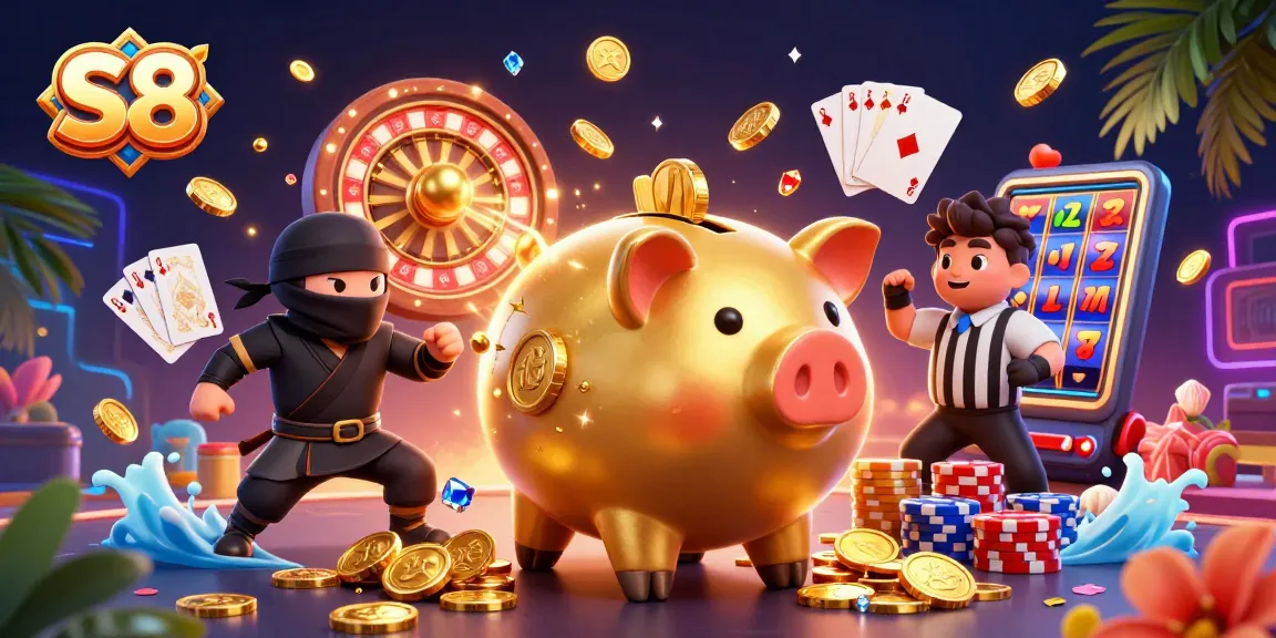 S8 Casino themed illustration with a golden piggy bank sumo wrestler, wallet ninja, and samurai referee amidst cascading coins and a roulette wheel.