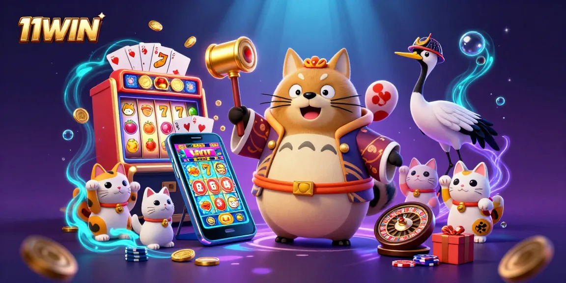 Experience the joy of winning at 11WIN with cheerful tanuki and vibrant casino elements.