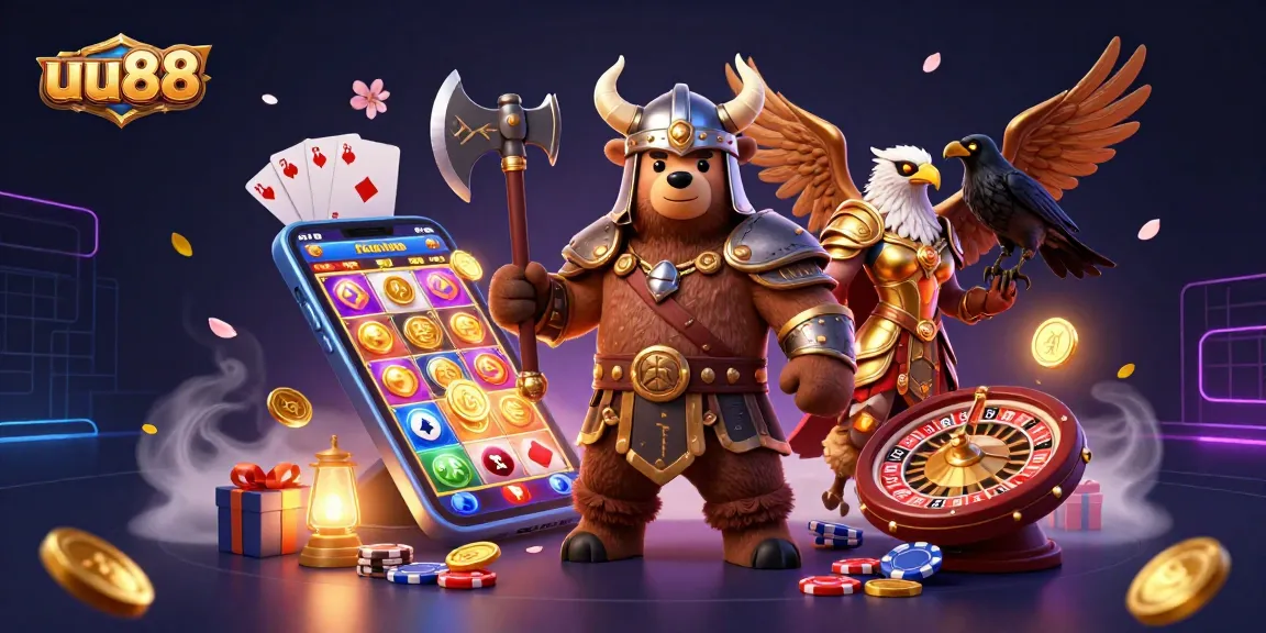 Engage with vibrant uu88 gameplay featuring a Viking bear and Valkyrie eagle amidst cascading game elements.
