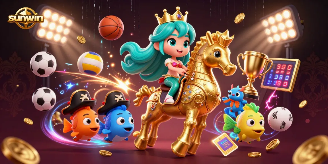 Sunwin illustrates a vibrant 3D casino scene with a mermaid princess and sports balls in action.