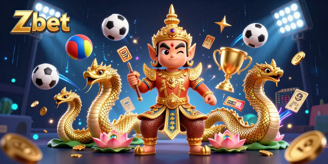 Zbet betting scene featuring a friendly Thai temple guardian surrounded by sports elements