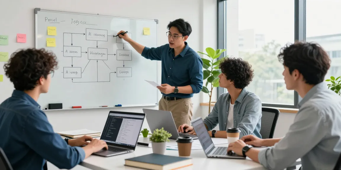Build internal tools with AI in a modern workspace scene featuring a collaborative tech team developing innovative software solutions.